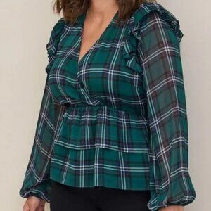 Torrid Top 1X Ruffle Chiffon Green Plaid